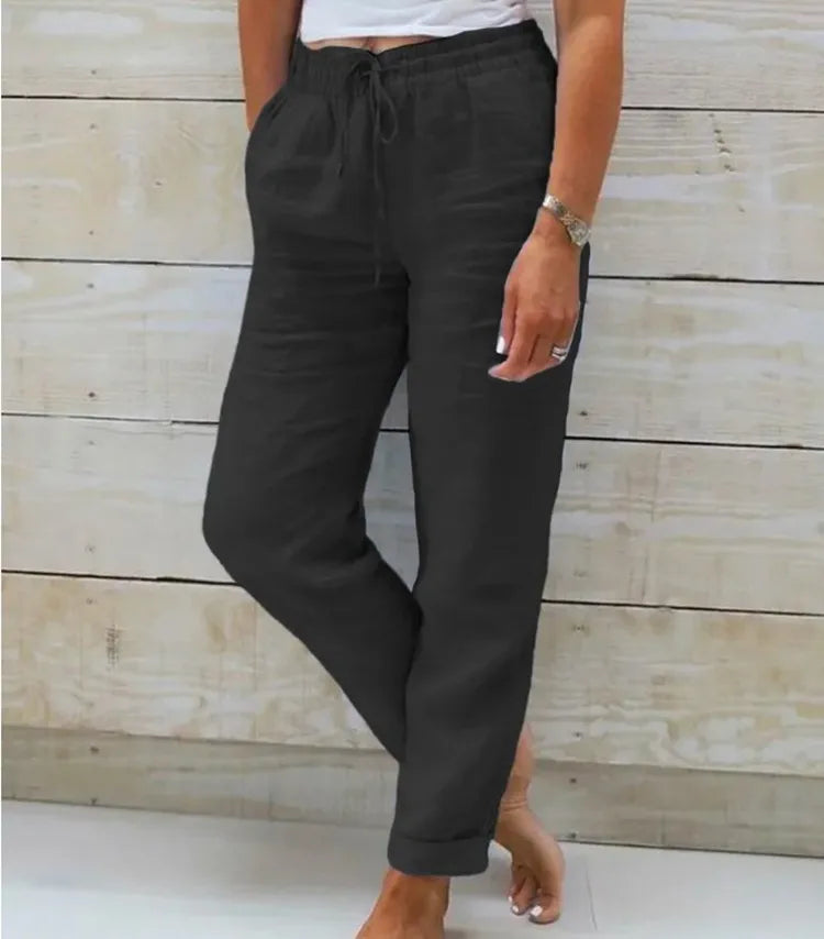 Cotton Linen Summer Pants High Waist Elastic Casual