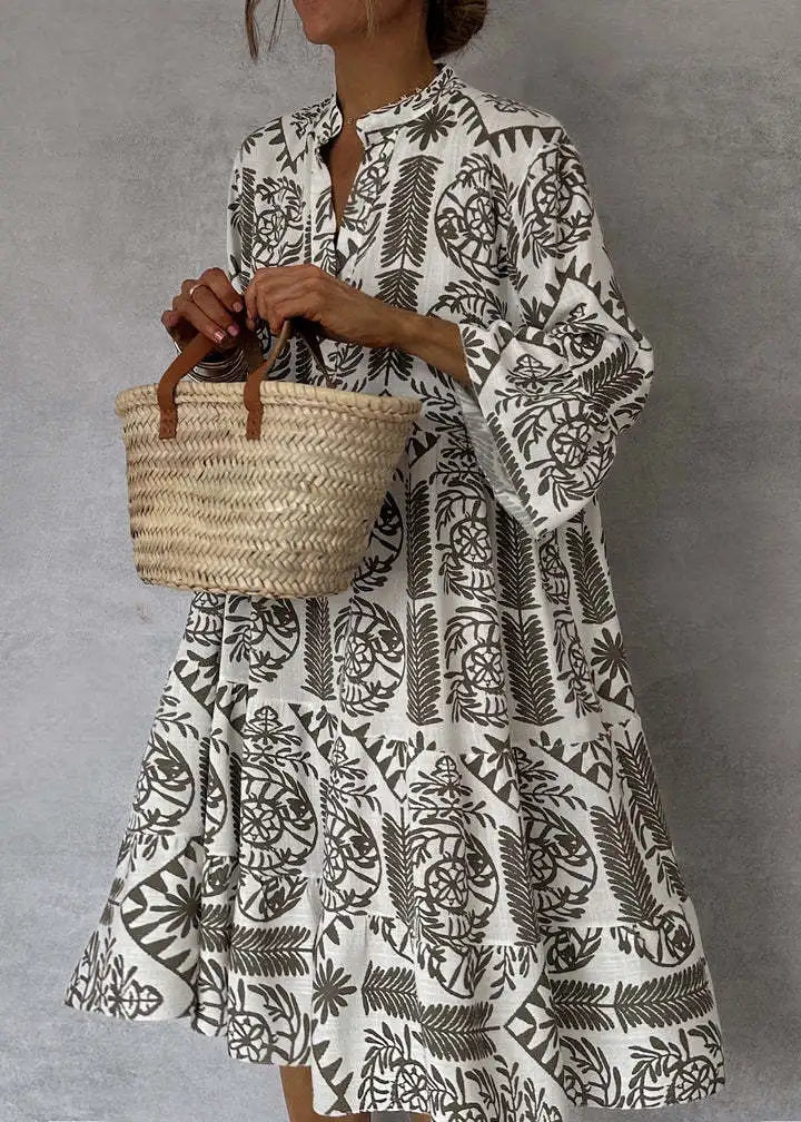 Casual Print Vacation Loose Dress, Women Fashion V-neck, Flare Sleeve ,Elegant Ruffle Shirt Dress, Female Vintage Loose Dress