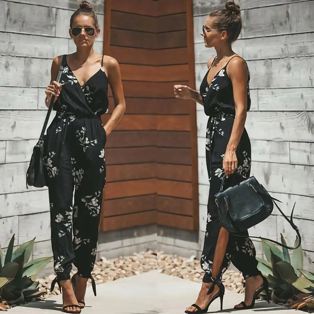 Deep-V Floral Print Strappy Jumpsuits