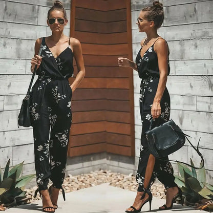 Deep-V Floral Print Strappy Jumpsuits