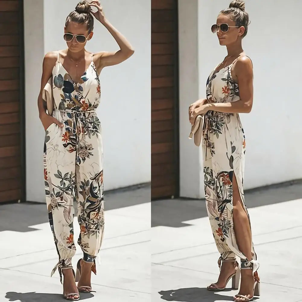 Deep-V Floral Print Strappy Jumpsuits