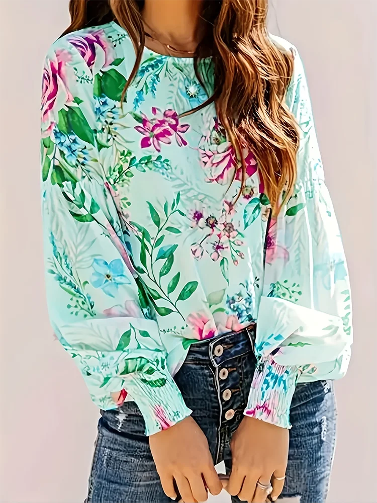 Flower Printed  Long Sleeve Round Neck Blouse Elegant Lose top