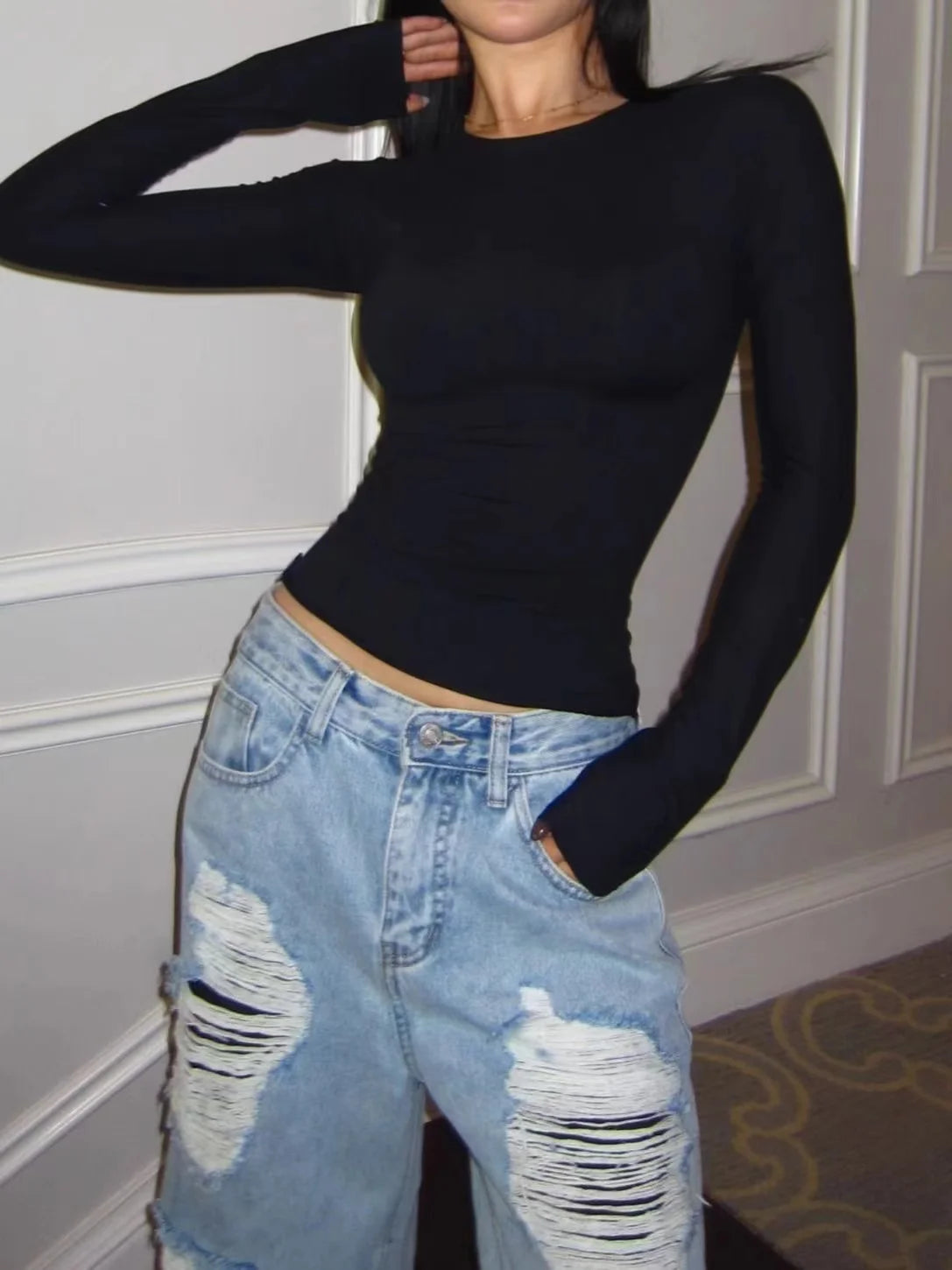 Women Casual Long Sleeve T-shirts Cotton Elastic Basic Autumn