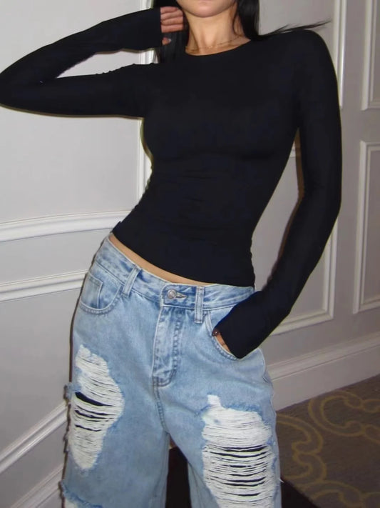 Women Casual Long Sleeve T-shirts Cotton Elastic Basic Autumn