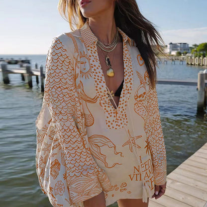 Pattern Print V-Neck Long Sleeve Shirts & Shorts Vacation Outfit Summer Satin 2Pcs Temperament Suit