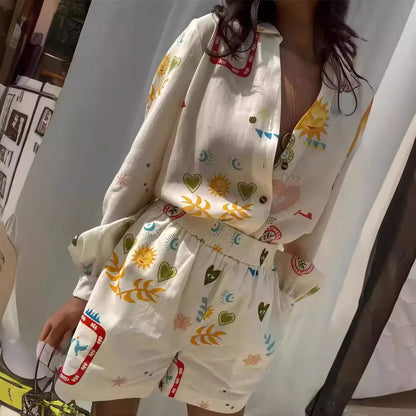 Elegant Floral Print Lapel Long Sleeve Top Short Pants Suit Casual Holiday Outfits