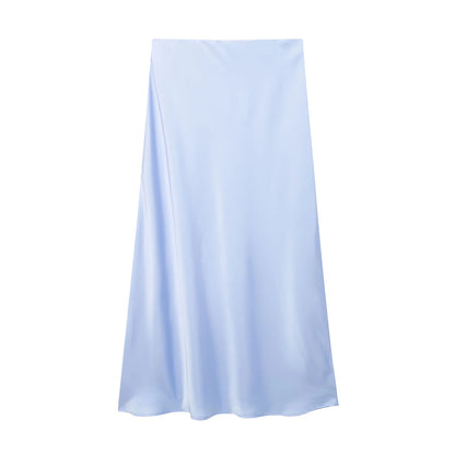 Black high waist satin A-line skirt for women casual wear