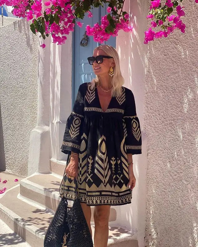 Bohemian Print Mini Dress Flared Sleeve V-neck Loose Short Casual Vacation Style