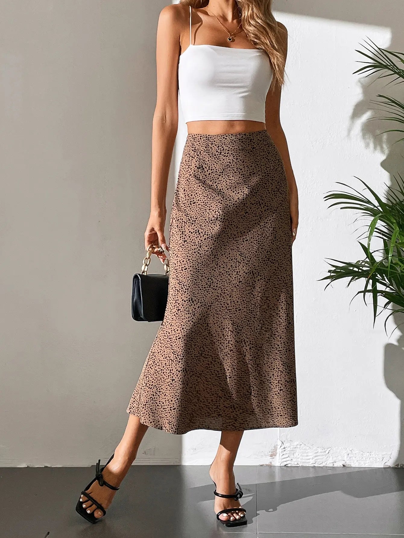 Polka dot A-line straight chiffon skirt for women, mid-calf