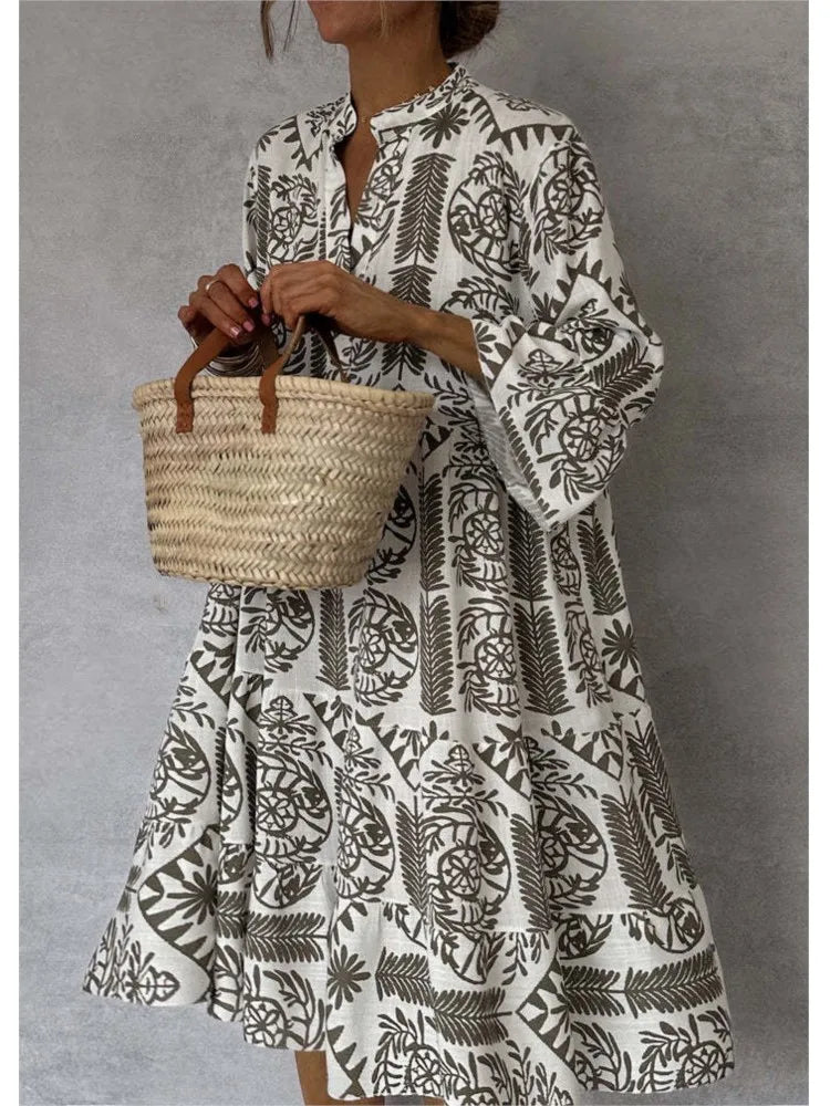 Casual Print Vacation Loose Dress, Women Fashion V-neck, Flare Sleeve ,Elegant Ruffle Shirt Dress, Female Vintage Loose Dress