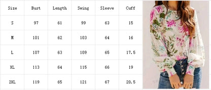 Flower Printed  Long Sleeve Round Neck Blouse Elegant Lose top