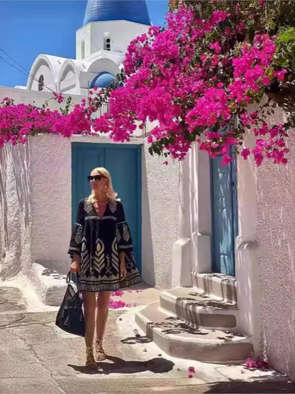 Bohemian Print Mini Dress Flared Sleeve V-neck Loose Short Casual Vacation Style