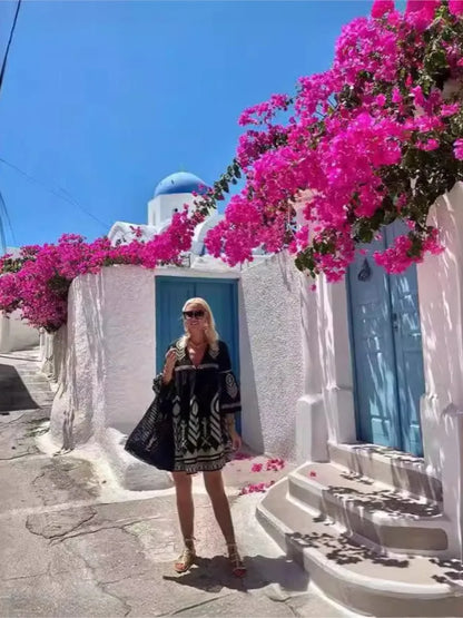 Bohemian Print Mini Dress Flared Sleeve V-neck Loose Short Casual Vacation Style