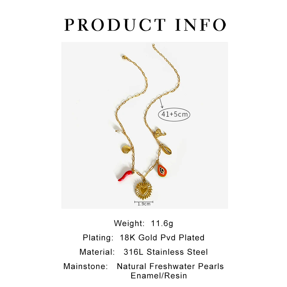 Peri'sbox Boho Pearl Red Enamel Pepper Shell Heart Pendant Necklace, Beach Party Gift Waterproof