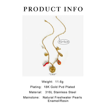Peri'sbox Boho Pearl Red Enamel Pepper Shell Heart Pendant Necklace, Beach Party Gift Waterproof