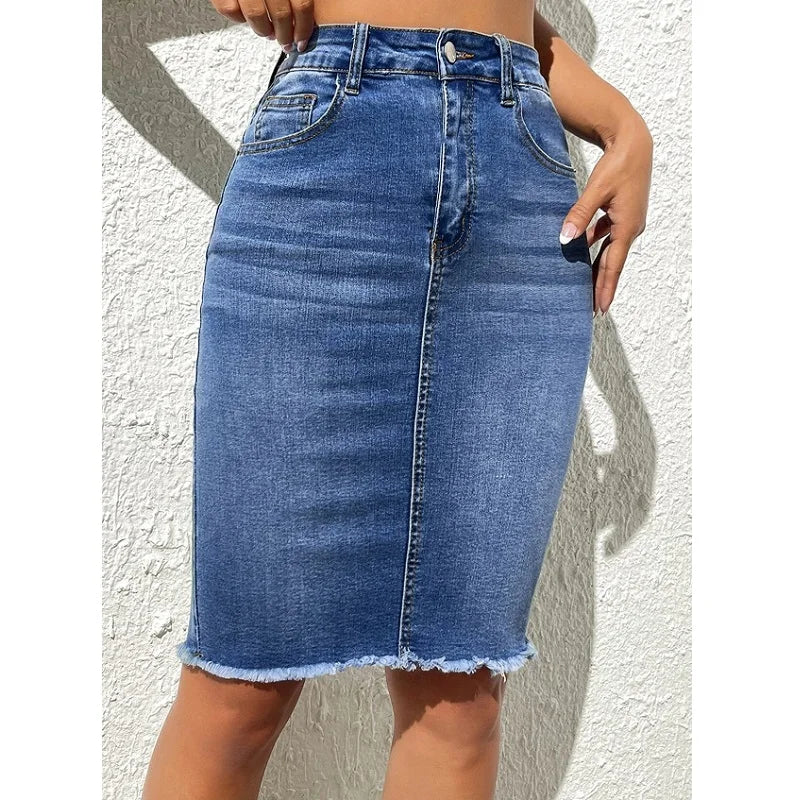 ﻿ ﻿ Women's High Waist Denim Skirt  Stretch Knee Length Casual