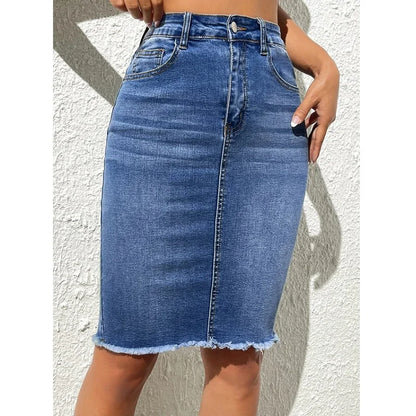 ﻿ ﻿ Women's High Waist Denim Skirt  Stretch Knee Length Casual