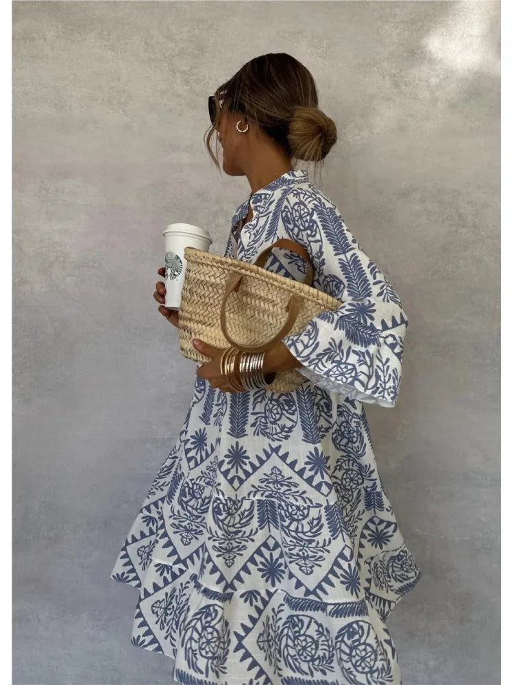 Casual Print Vacation Loose Dress, Women Fashion V-neck, Flare Sleeve ,Elegant Ruffle Shirt Dress, Female Vintage Loose Dress