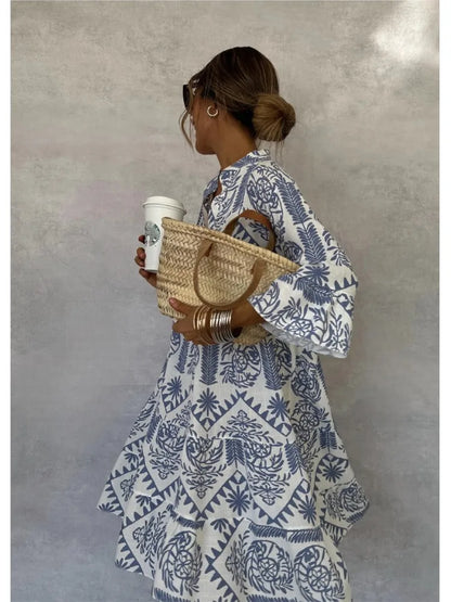 Casual Print Vacation Loose Dress, Women Fashion V-neck, Flare Sleeve ,Elegant Ruffle Shirt Dress, Female Vintage Loose Dress