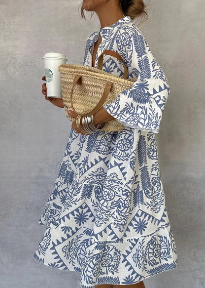 Casual Print Vacation Loose Dress, Women Fashion V-neck, Flare Sleeve ,Elegant Ruffle Shirt Dress, Female Vintage Loose Dress