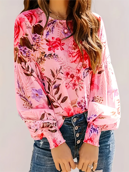 Flower Printed  Long Sleeve Round Neck Blouse Elegant Lose top