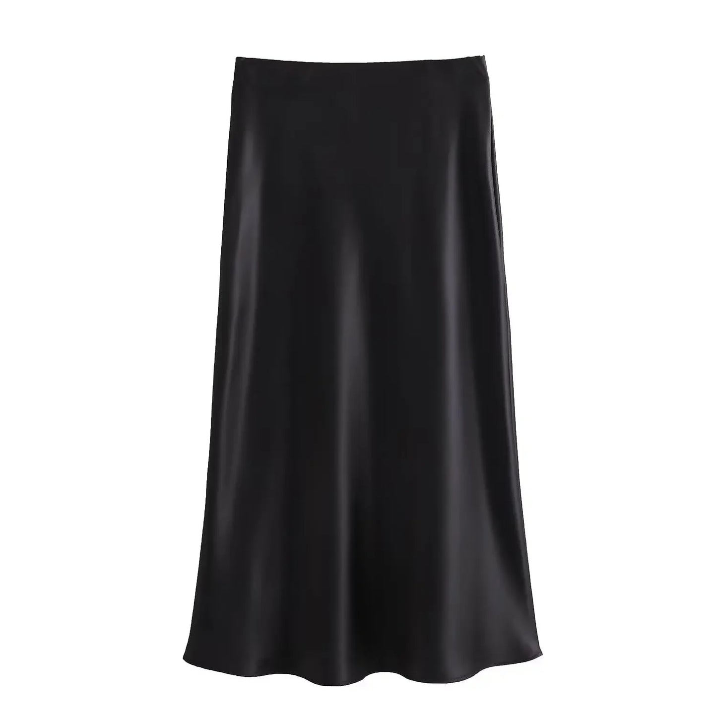 Black high waist satin A-line skirt for women casual wear