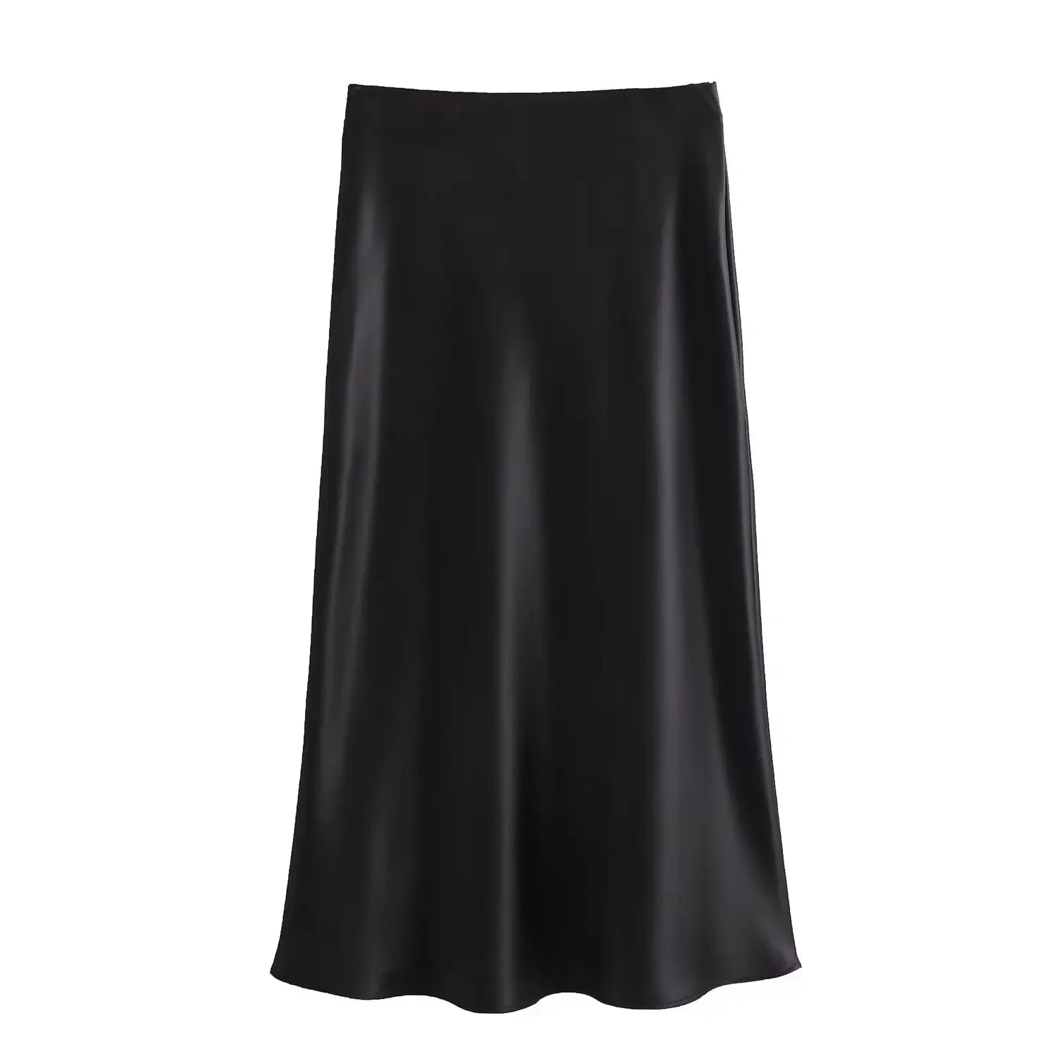 Black high waist satin A-line skirt for women casual wear