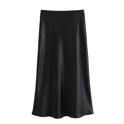 Black high waist satin A-line skirt for women casual wear