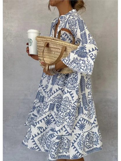 Casual Print Vacation Loose Dress, Women Fashion V-neck, Flare Sleeve ,Elegant Ruffle Shirt Dress, Female Vintage Loose Dress