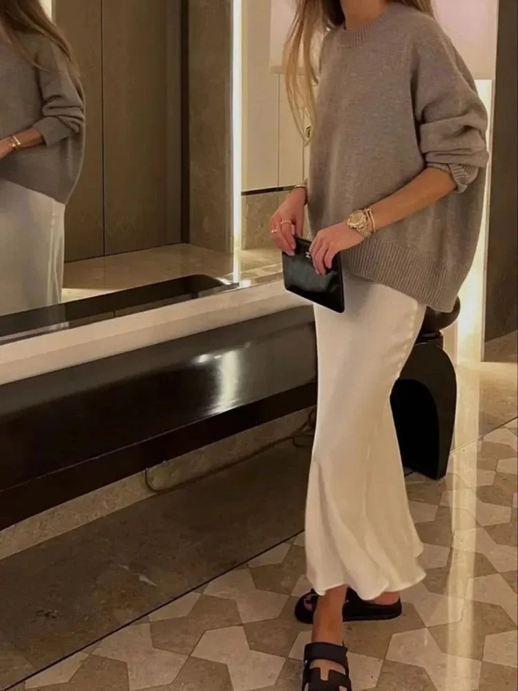 Black high waist satin A-line skirt for women casual wear