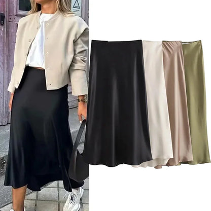 Black high waist satin A-line skirt for women casual wear