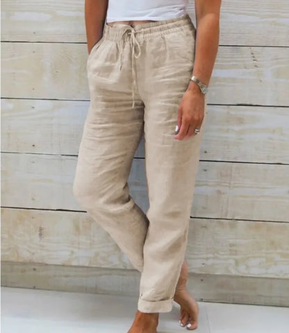 Cotton Linen Summer Pants High Waist Elastic Casual