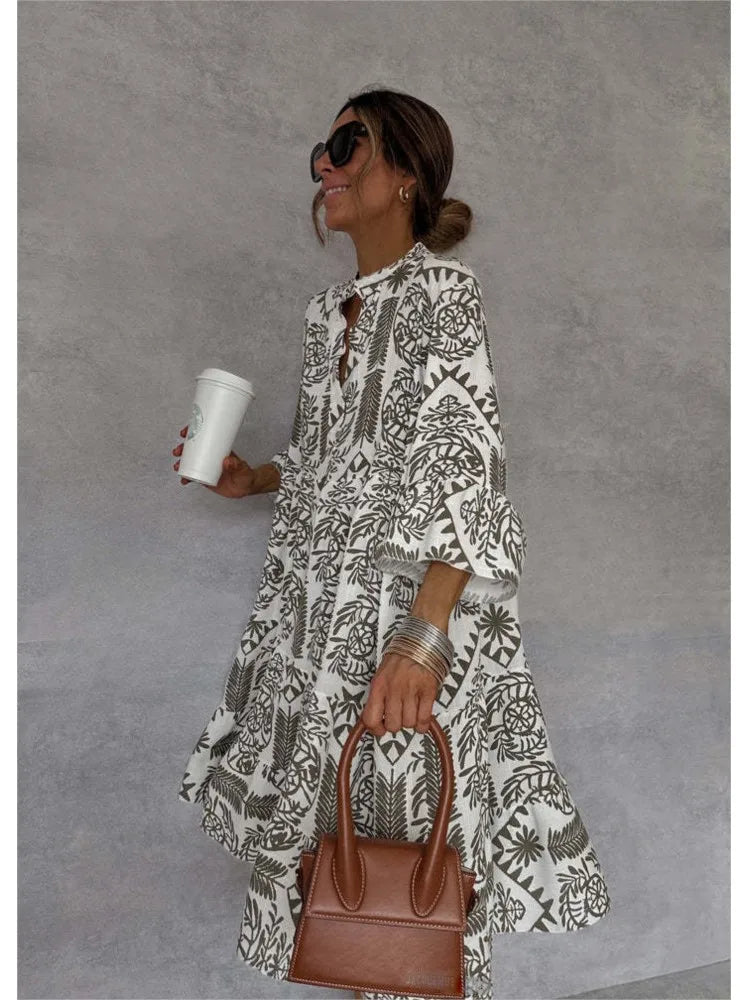 Casual Print Vacation Loose Dress, Women Fashion V-neck, Flare Sleeve ,Elegant Ruffle Shirt Dress, Female Vintage Loose Dress