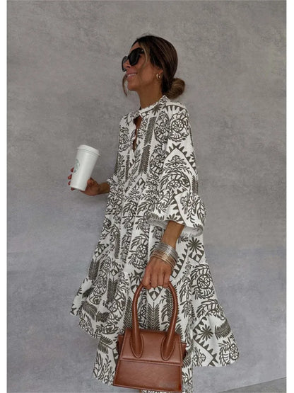 Casual Print Vacation Loose Dress, Women Fashion V-neck, Flare Sleeve ,Elegant Ruffle Shirt Dress, Female Vintage Loose Dress