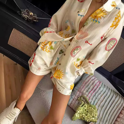 Elegant Floral Print Lapel Long Sleeve Top Short Pants Suit Casual Holiday Outfits