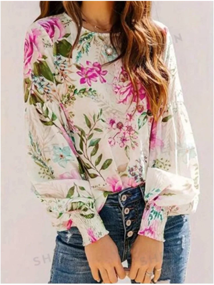 Flower Printed  Long Sleeve Round Neck Blouse Elegant Lose top