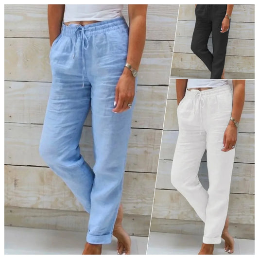 Cotton Linen Summer Pants High Waist Elastic Casual