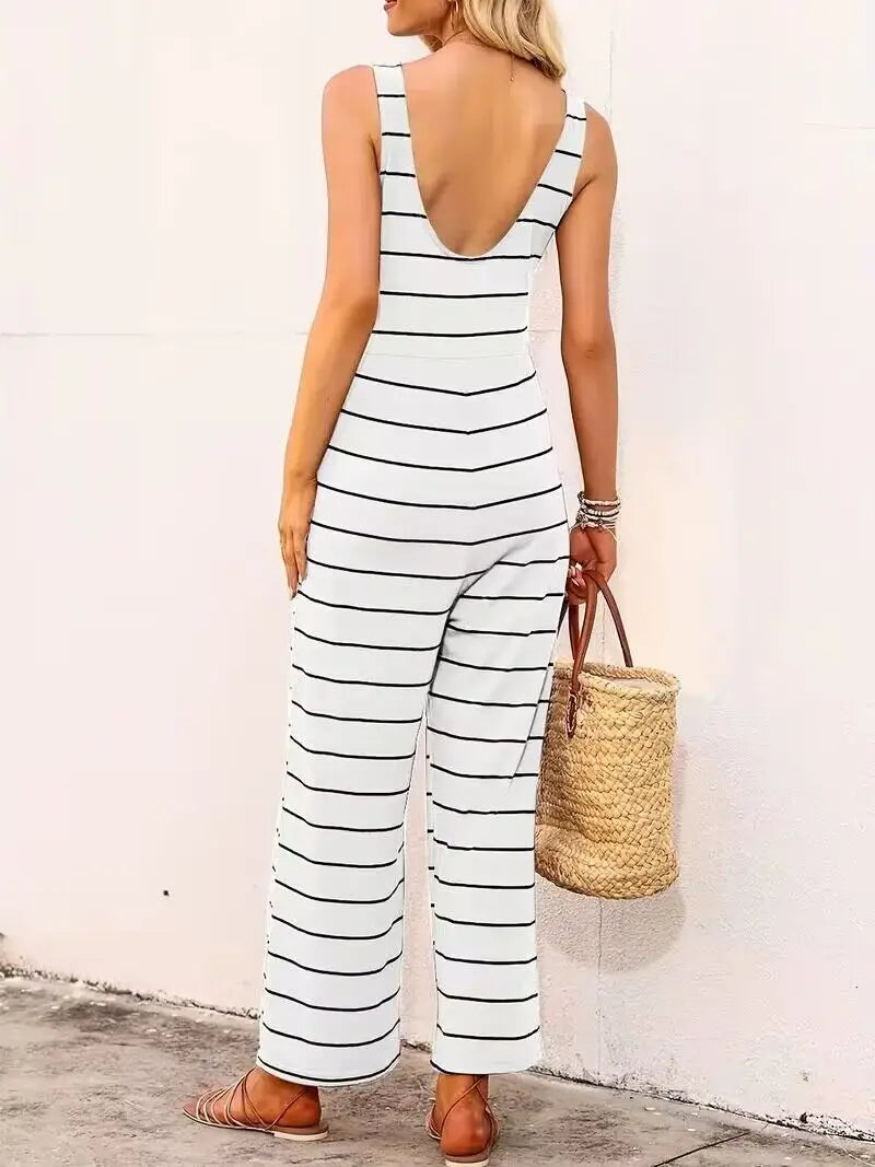 Striped cut loose jumpsuit, versatile short-sleeved wide-leg