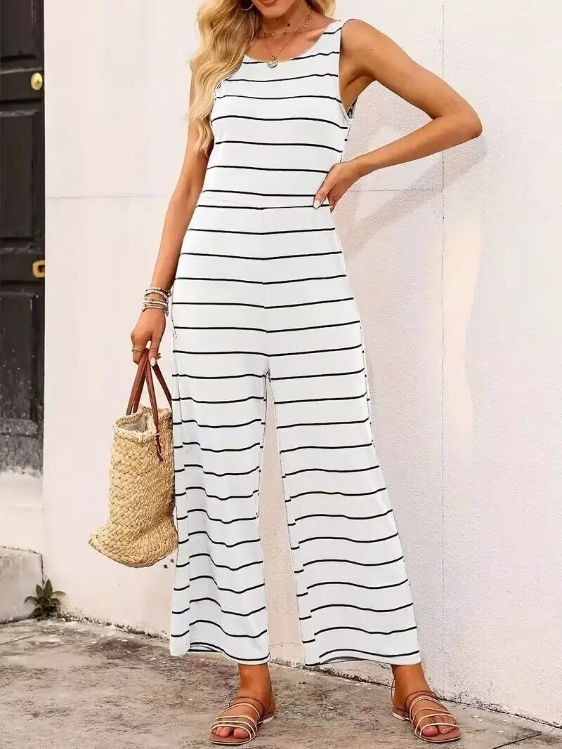 Striped cut loose jumpsuit, versatile short-sleeved wide-leg