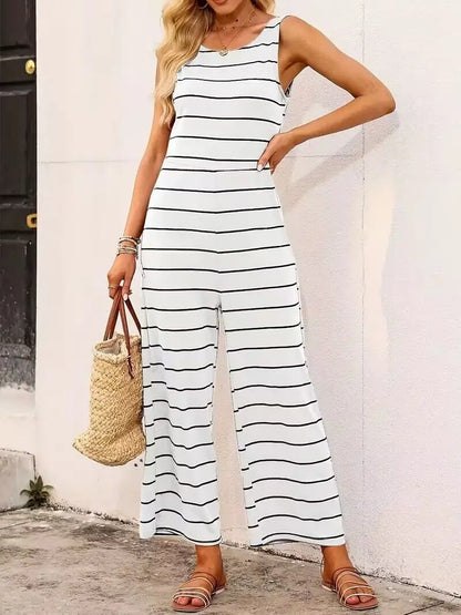 Striped cut loose jumpsuit, versatile short-sleeved wide-leg