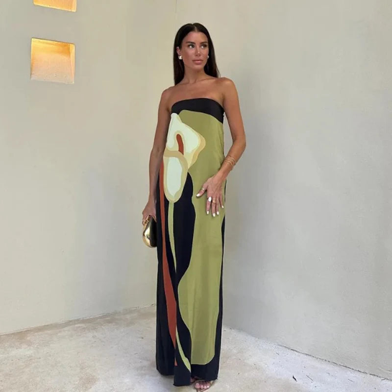 Women's Strapless Backless Printed Long Dress