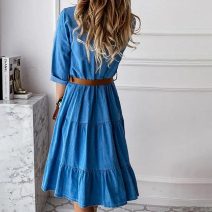 Denim Dress Three Quarter Sleeve – Stretch Knee Length Fit – Bargain Alley