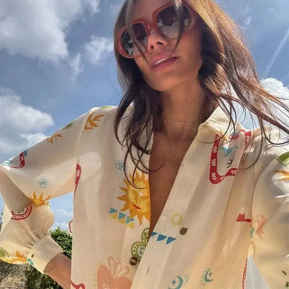 Elegant Floral Print Lapel Long Sleeve Top Short Pants Suit Casual Holiday Outfits