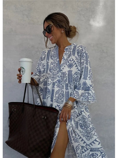 Casual Print Vacation Loose Dress, Women Fashion V-neck, Flare Sleeve ,Elegant Ruffle Shirt Dress, Female Vintage Loose Dress