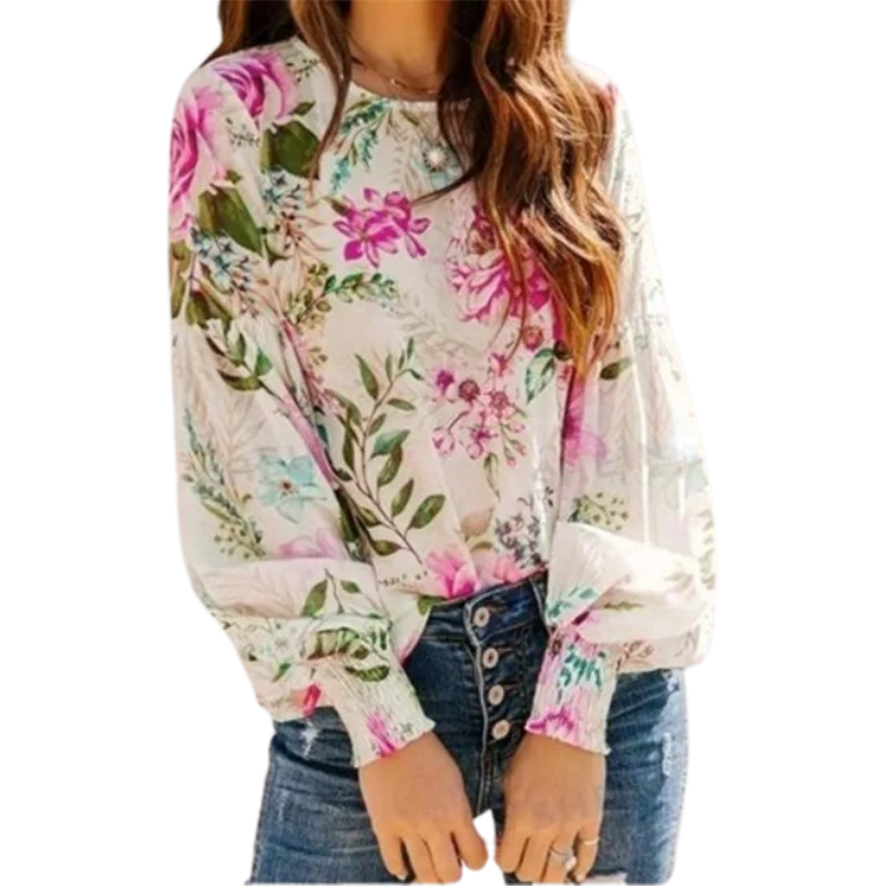 Flower Printed  Long Sleeve Round Neck Blouse Elegant Lose top