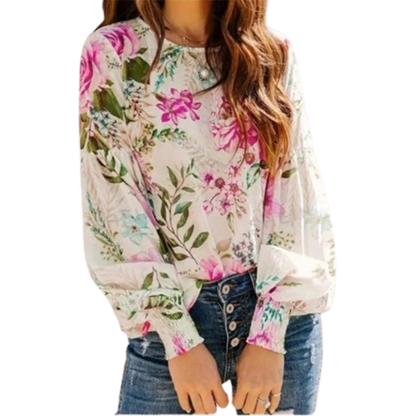 Flower Printed  Long Sleeve Round Neck Blouse Elegant Lose top