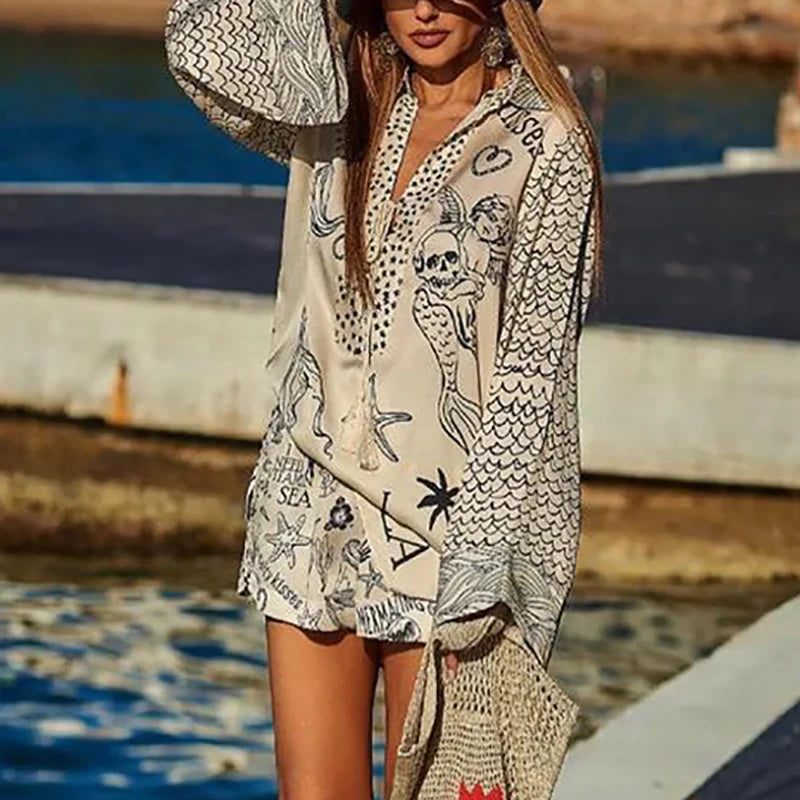Pattern Print V-Neck Long Sleeve Shirts & Shorts Vacation Outfit Summer Satin 2Pcs Temperament Suit
