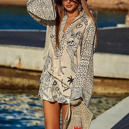 Pattern Print V-Neck Long Sleeve Shirts & Shorts Vacation Outfit Summer Satin 2Pcs Temperament Suit