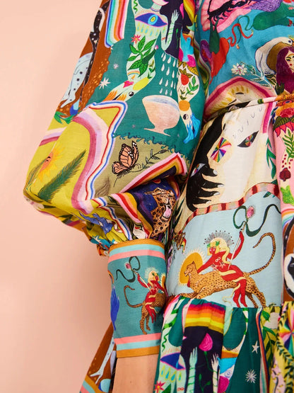 Printed round neck cinched waist strap pleated ruffle edge retro pleated dress