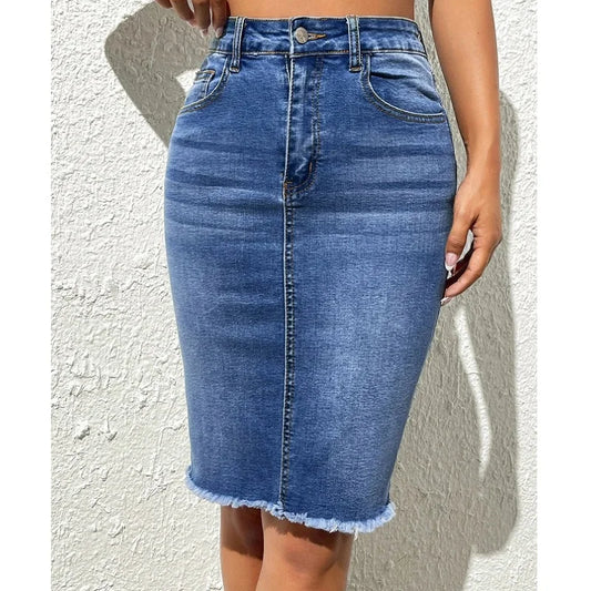 ﻿ ﻿ Women's High Waist Denim Skirt  Stretch Knee Length Casual